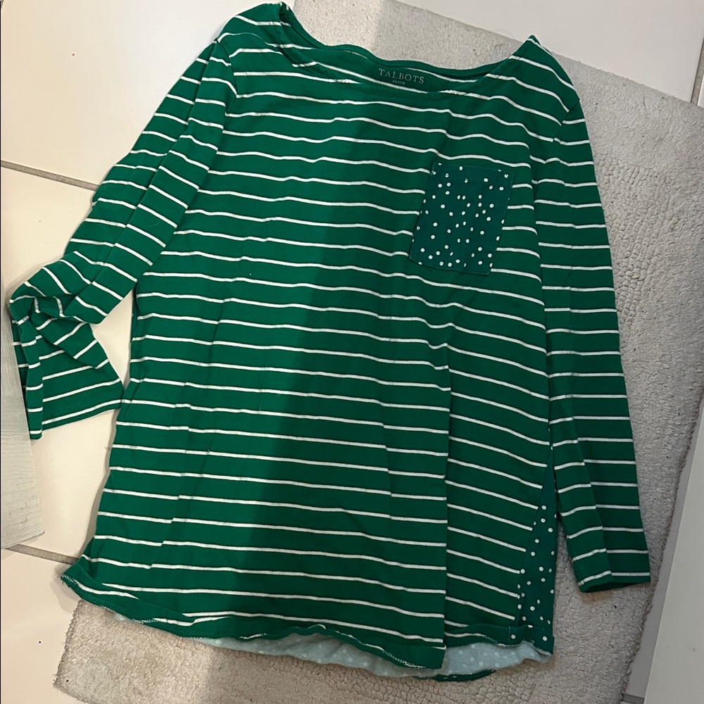 Talbots Green & White Mixed Polka Dots and Stripes Shirt